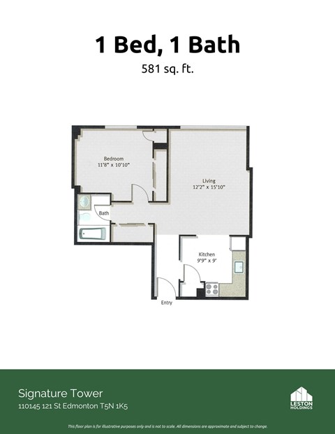 Floor plan for 1 bed, 1 bath, 581 sqft
